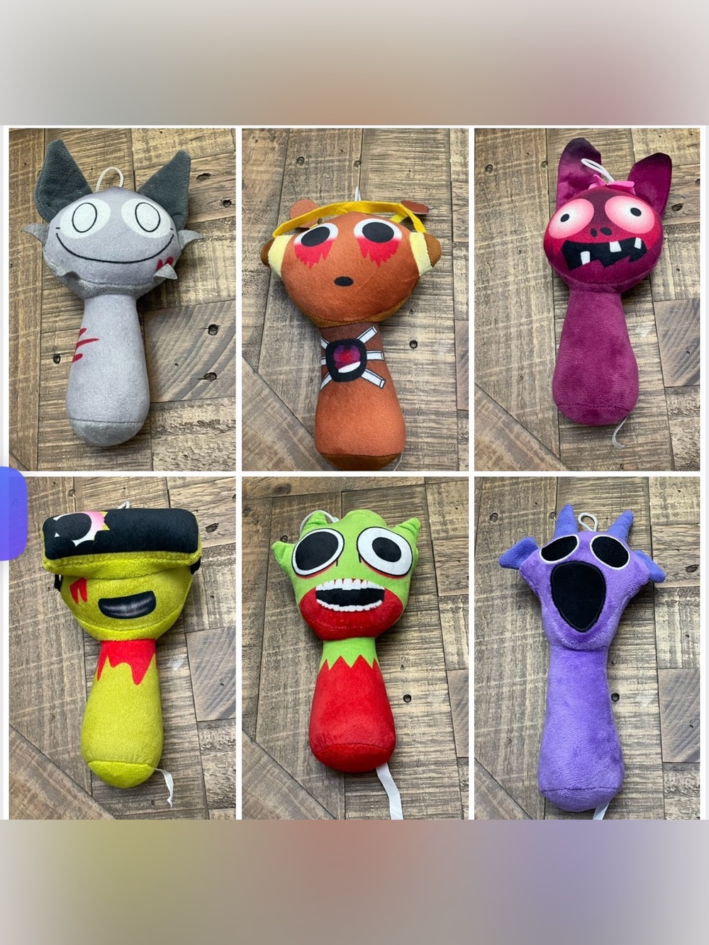 collection of custom Sprunki plush toys, which are fan-merchandise collectibles